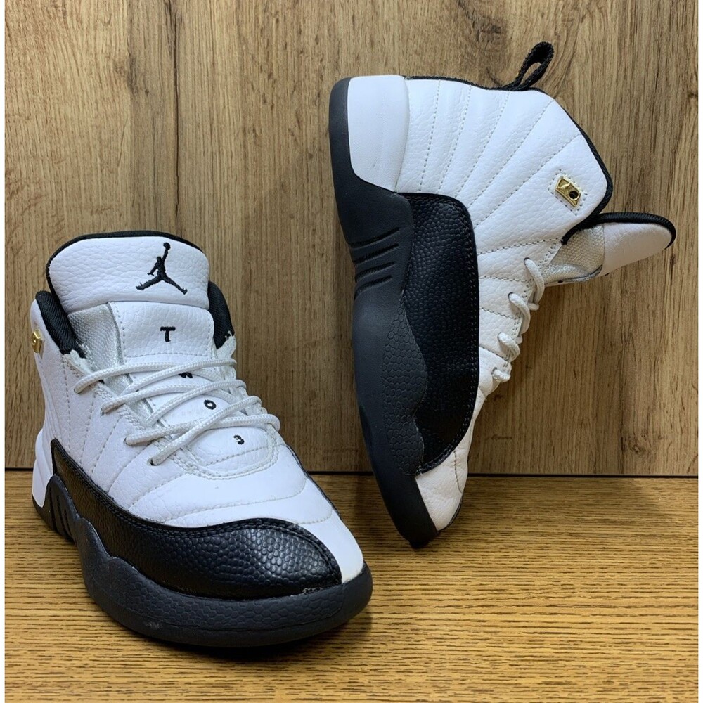 Jordan Air Jordan 12 Kids Basketball Sneakers White/Black Lace-Up Leather 13C